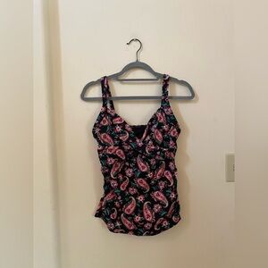 Lands’ End Black Paisley Tankini Top Size 6 Built-In Bra Swim Top